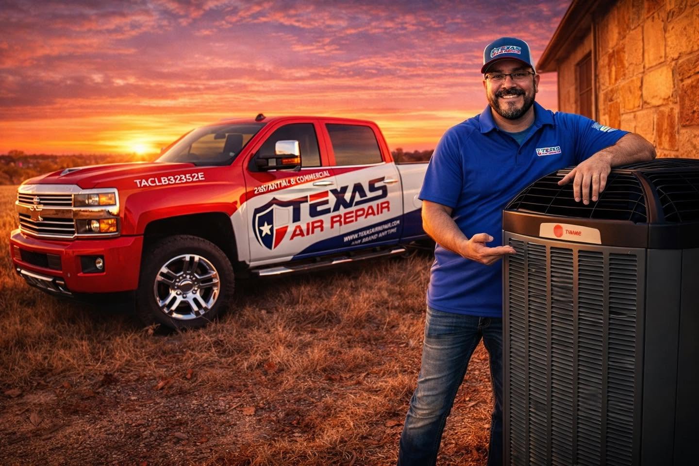 Henry from Texas Air Repair standing next to the company truck and a Trane AC unit in San Antonio, TX
