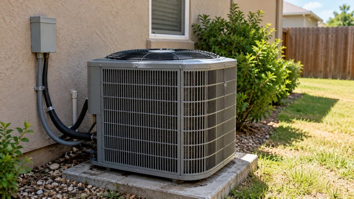 Outdoor central air conditioning unit installed beside a residential home.