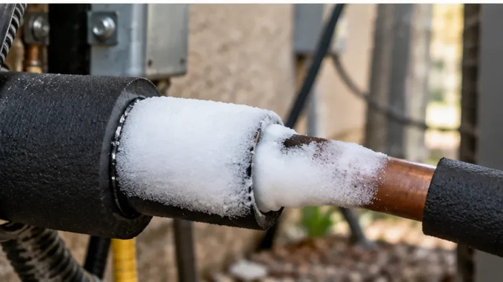 Frost buildup on a copper refrigerant line connected to a residential air conditioning system.