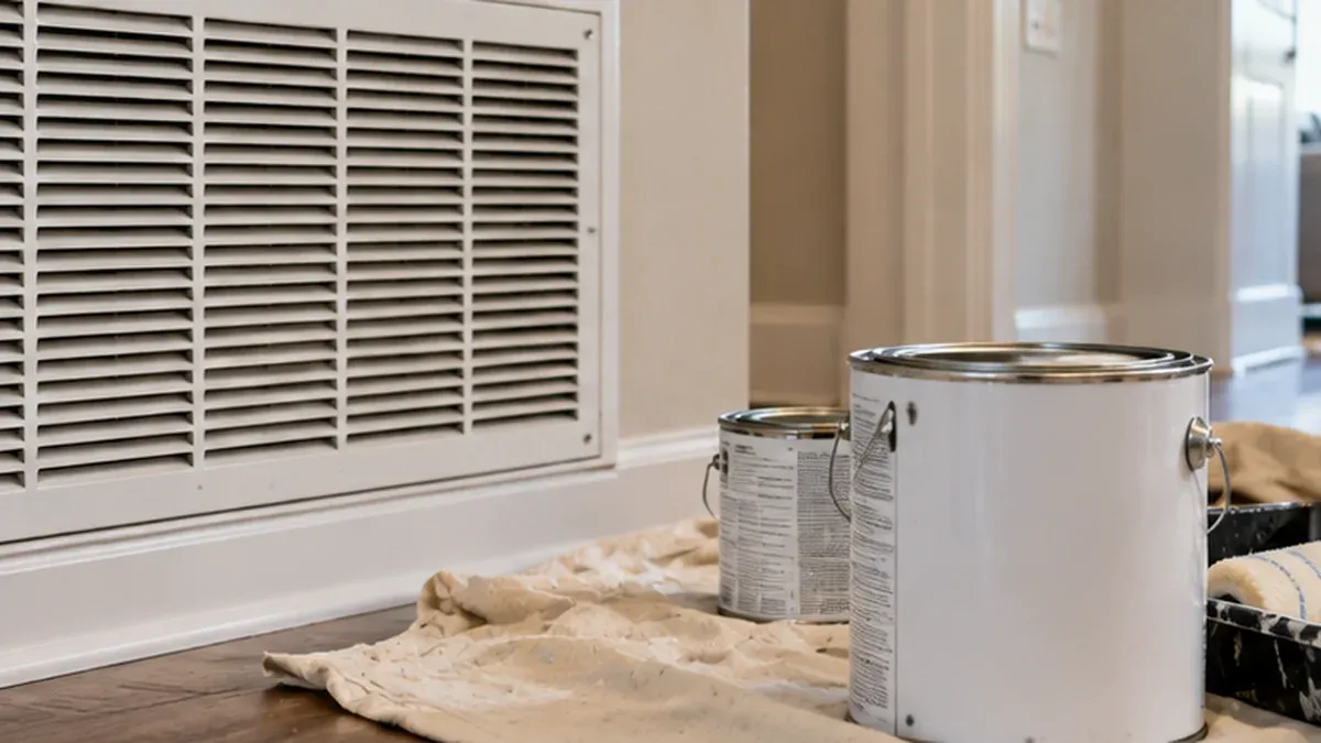 HVAC return air grille near paint cans and painting supplies inside a residential home.