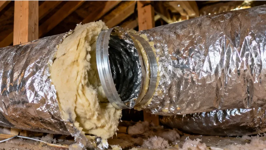 Damaged insulated flexible AC ductwork with an exposed connection in a residential attic.