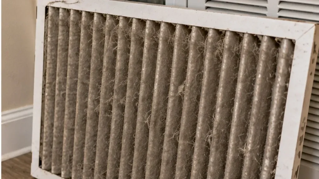 Dirty pleated HVAC air filter covered in dust and debris that can restrict airflow.