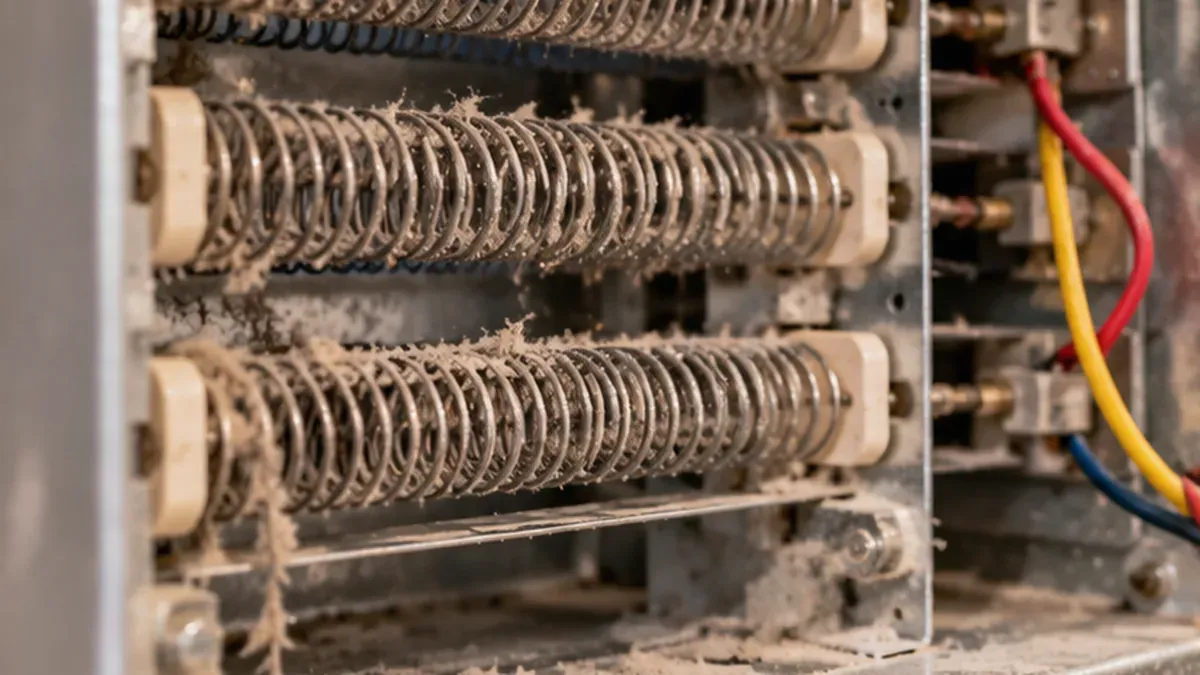 Dust buildup on electric heating elements inside an HVAC air handler.