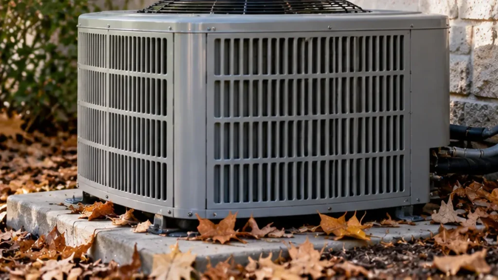 Fallen autumn leaves and debris around an outdoor residential HVAC unit.