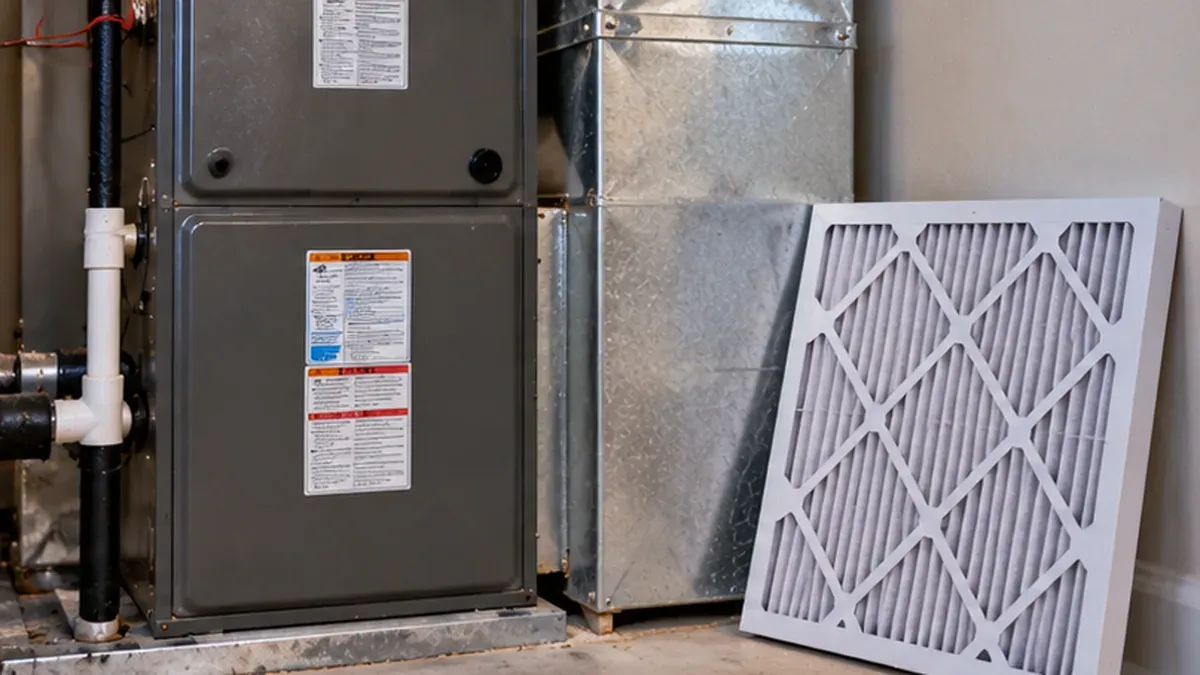 Residential HVAC air handler with a replacement air filter ready for fall maintenance.