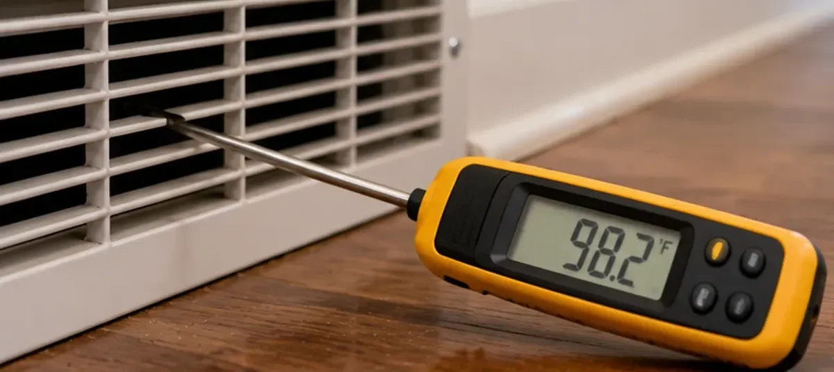 Digital thermometer measuring 98.2°F air temperature at a residential heating vent.