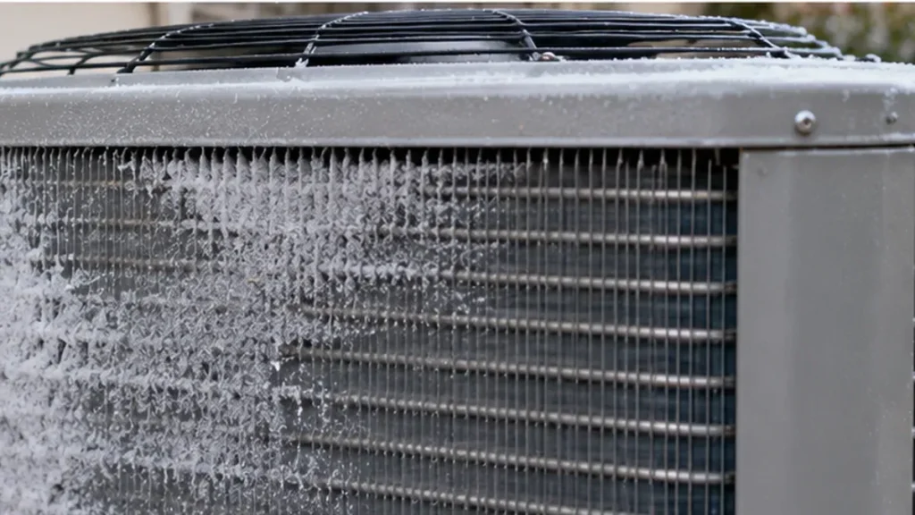 Frost buildup on the outdoor coil of a residential heat pump during cold weather.
