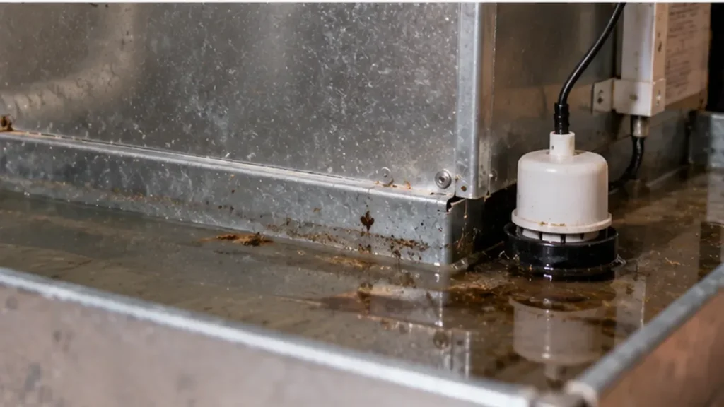 Standing water in an HVAC condensate drain pan with a float safety switch beside the air handler.
